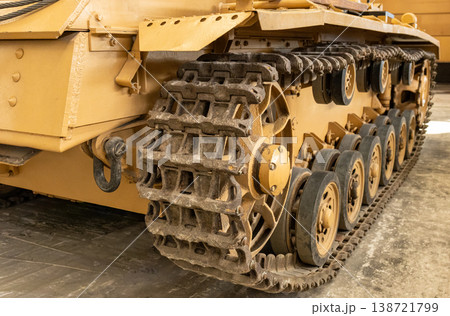 Armored Military Vehicle Track Detail Close Up Of Heavy Tank Suspension System Armored Military Vehicle Track Detail Close Up Of Heavy Tank Suspension System 138721799
