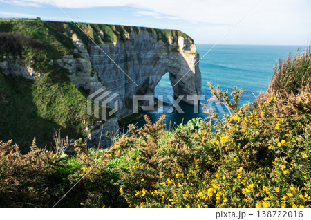 Etretat cliff arch with coastal grass and turquoise sea in Normandy France 138722016