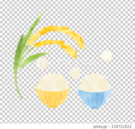 A pair of yellow and blue rice bowls and rice stalks: an image representing harvest and food education. 138722022