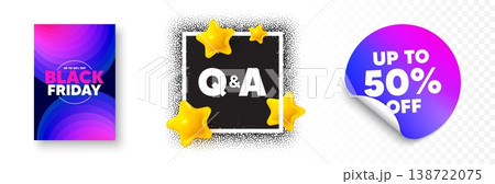Questions answers photo frame 3d stars. Discount sticker banner. Questions and answers icon. Answer question sign. Faq symbol. Black friday poster. Promo background. Vector 138722075
