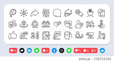 Food delivery, Group and Ask question line icons pack. Social media: share, comment, like icons. Like, Difficult stress, Washing hands web icon. Vip table, Auction, Security pictogram. Vector Food delivery, Group and Ask question line icons pack. Social media: share, comment, like icons. Like, Difficult stress, Washing hands web icon. Vip table, Auction, Security pictogram. Vector 138722202