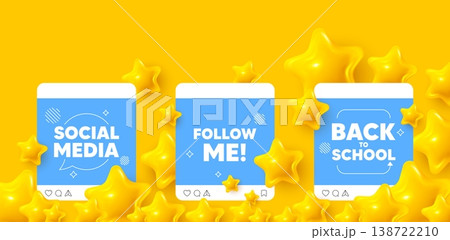 Follow me social media post. Back to school template. Follow me tag. Special offer sign. Super offer symbol. Like, comment and share icons. Vector Follow me social media post. Back to school template. Follow me tag. Special offer sign. Super offer symbol. Like, comment and share icons. Vector 138722210