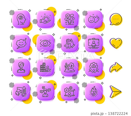 Biometric eye, Inventory and Sick man line icons. App 3d buttons. Social media comment, share, like icons. Pack of Difficult stress, Online job, Conversation messages icon. Vector 138722224