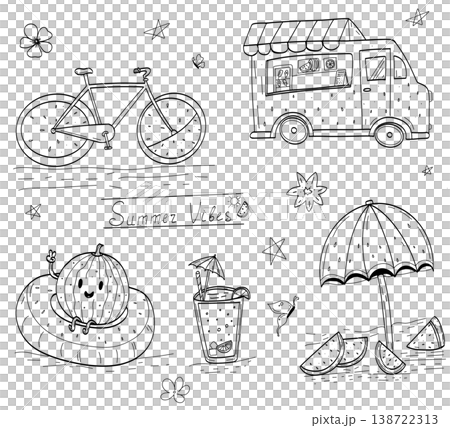 Summer vibes watermelon line art set, cute doodle collection with bike, food truck, drink, umbrella, black and white illustration Summer vibes watermelon line art set, cute doodle collection with bike, food truck, drink, umbrella, black and white illustration 138722313