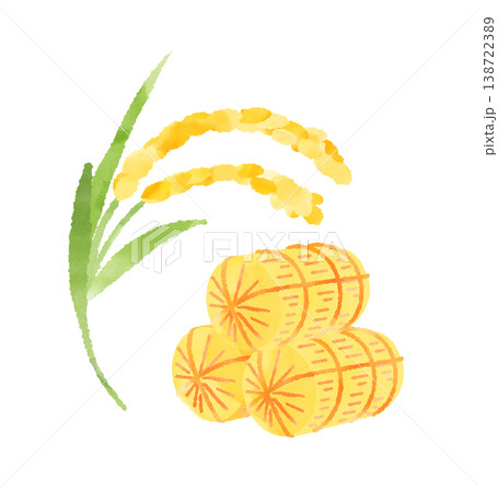 手描き水彩風の可愛い米俵と稲 透過背景 デフォルメ素材 138722389