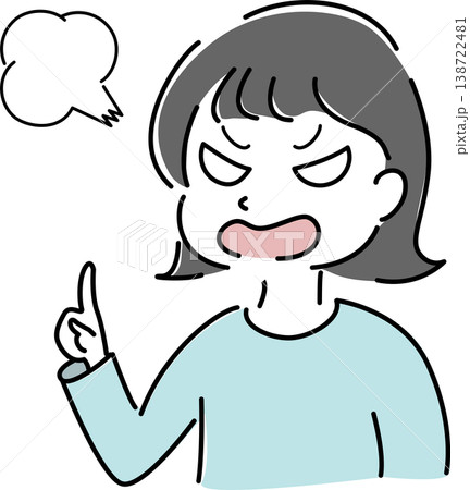 怒った表情で指差しする女性のシンプルイラスト　吹き出しつき（注意・NG・クレーム・人物素材） 138722481