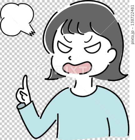 怒った表情で指差しする女性のシンプルイラスト　吹き出しつき（注意・NG・クレーム・人物素材） 138722481
