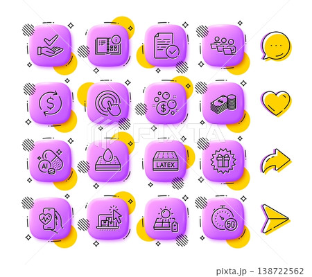 Dollar exchange, Savings and Waterproof mattress line icons. App 3d buttons. Social media comment, share, like icons. Pack of Launder money, Aluminium mineral, Click hand icon. Vector Dollar exchange, Savings and Waterproof mattress line icons. App 3d buttons. Social media comment, share, like icons. Pack of Launder money, Aluminium mineral, Click hand icon. Vector 138722562