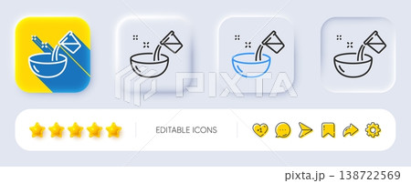 Cooking add water line icon. Neumorphic, Flat shadow, 3d buttons. Bowl sign. Food preparation symbol. Line cooking water icon. Social media icons. Vector 138722569