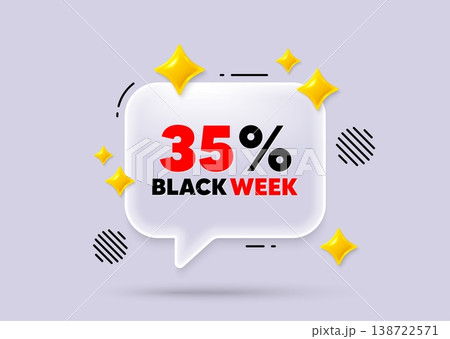 Black week chat speech bubble. Social media concept. Black week 35 percent sale. Special discount sign. Black friday offer symbol. 3d sparkles chat bubble. Vector 138722571