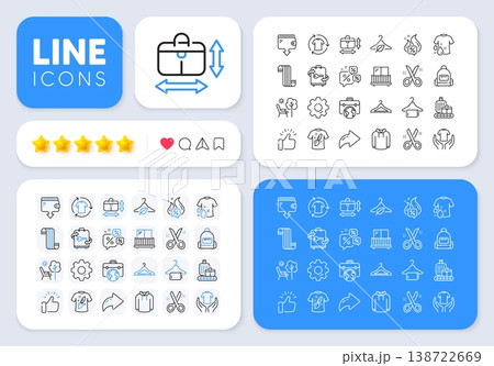 Handbag size, Clean towel and Deckchair line icons for web app. Message, Share, Like social media icons. Pack of Luggage, Wallet, Hoody pictogram icons. Vector 138722669