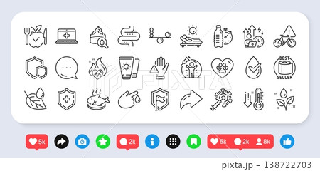 Leaf dew, Dermatologically tested and Shield line icons pack. Social media: share, comment, like icons. Bike attention, Toilet paper, Fish dish web icon. Vector Leaf dew, Dermatologically tested and Shield line icons pack. Social media: share, comment, like icons. Bike attention, Toilet paper, Fish dish web icon. Vector 138722703