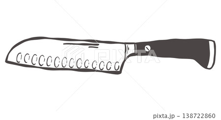 Santoku chef knife for kitchen cutting in hand drawn vintage style Santoku chef knife for kitchen cutting in hand drawn vintage style 138722860
