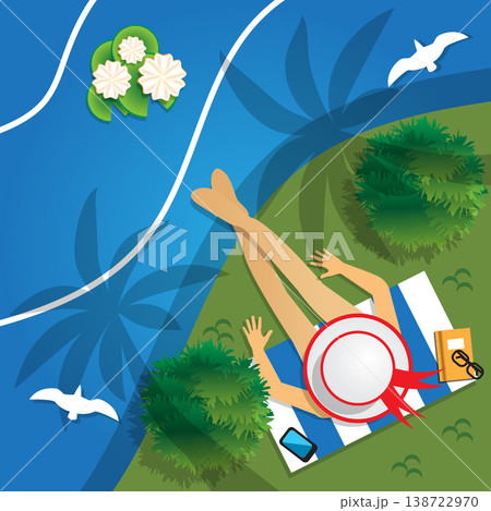 The girl in the hat on the beach. View from above. Vector illustration.  138722970