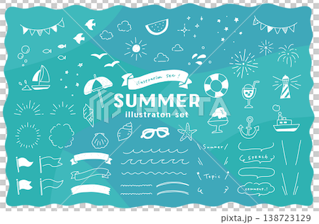 Hand-drawn summer and ocean illustration set: beach, watermelon, fireworks, frame, speech bubble, marine, waves, ribbon, yacht. 138723129
