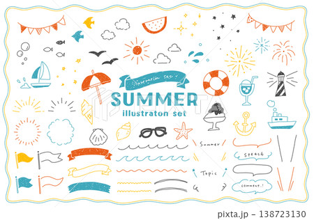 手書きの夏・海のイラストセット ビーチ スイカ 花火 フレーム 吹き出し マリン 波 リボン ヨット 手書きの夏・海のイラストセット ビーチ スイカ 花火 フレーム 吹き出し マリン 波 リボン ヨット 138723130