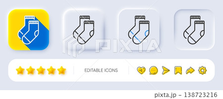 Socks line icon. Neumorphic, Flat shadow, 3d buttons. Underwear clothing sign. Feet accessory symbol. Line socks icon. Social media icons. Vector 138723216