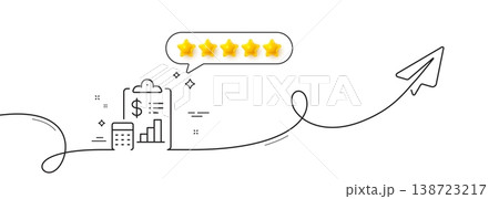 Report line icon. Continuous line with share plane. Accounting clipboard document sign. Budget info symbol. Five star rate review in speech bubble. Report single line ribbon. Vector Report line icon. Continuous line with share plane. Accounting clipboard document sign. Budget info symbol. Five star rate review in speech bubble. Report single line ribbon. Vector 138723217