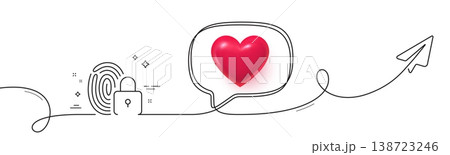 Lock line icon. Continuous line with share plane. Fingerprint access sign. Security padlock symbol. 3d heart in speech bubble. Lock single line ribbon. Loop curve pattern. Vector Lock line icon. Continuous line with share plane. Fingerprint access sign. Security padlock symbol. 3d heart in speech bubble. Lock single line ribbon. Loop curve pattern. Vector 138723246
