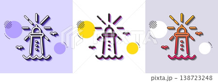 Lighthouse line icon. Halftone dotted pattern. Gradient icon with grain shadow. Beacon tower sign. Searchlight building symbol. Line lighthouse icon. Various designs. Vector 138723248