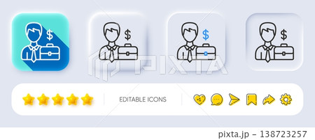 Businessman with Case line icon. Neumorphic, Flat shadow, 3d buttons. Diplomat with Dollar sign. Line businessman case icon. Social media icons. Vector 138723257