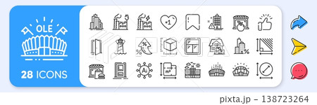 Arena stadium, Window and Package size line icons. Interest rate, AI generate, Inflation icons. Pack of Home moving, Skyscraper buildings, Sports stadium icon. Vector Arena stadium, Window and Package size line icons. Interest rate, AI generate, Inflation icons. Pack of Home moving, Skyscraper buildings, Sports stadium icon. Vector 138723264
