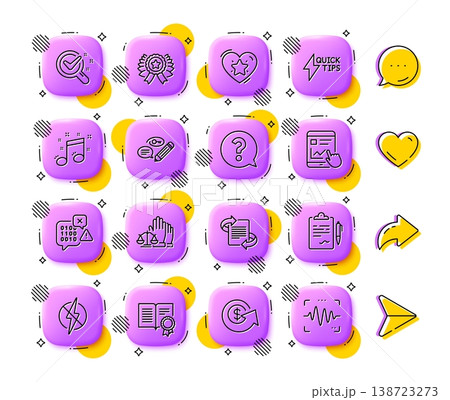 Clipboard, Chemistry lab and Musical note line icons. App 3d buttons. Social media comment, share, like icons. Pack of Dollar exchange, Internet report, Keywords icon. Vector Clipboard, Chemistry lab and Musical note line icons. App 3d buttons. Social media comment, share, like icons. Pack of Dollar exchange, Internet report, Keywords icon. Vector 138723273