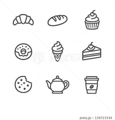 ベーカリー・カフェ・スイーツのラインアイコン9点セット 138723338