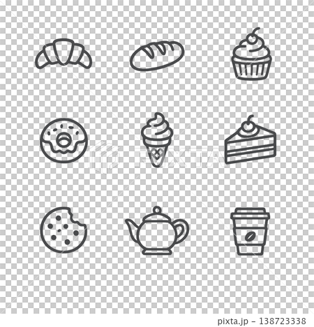 ベーカリー・カフェ・スイーツのラインアイコン9点セット 138723338