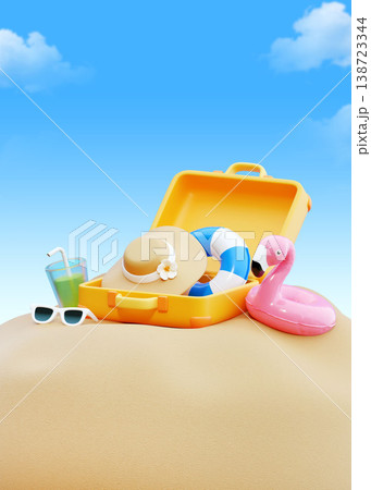 3D Summer Vacation Background with Suitcase and Copy Space for Text 138723344
