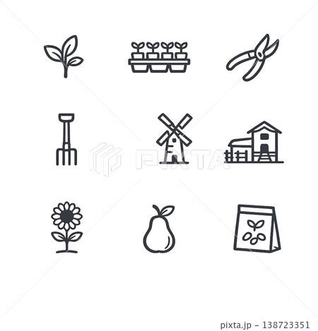 農業・園芸のシンプルな線画アイコン9点セット（ハーブ・苗トレー・剪定ばさみ・ガーデンフォーク・風車・ 138723351