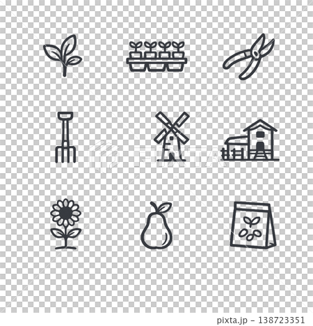 農業・園芸のシンプルな線画アイコン9点セット（ハーブ・苗トレー・剪定ばさみ・ガーデンフォーク・風車・ 138723351