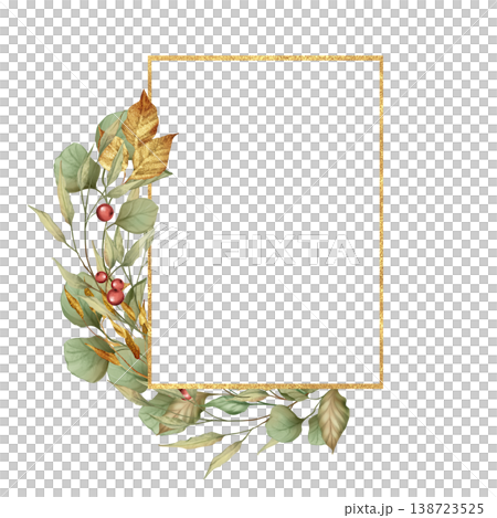 Elegant gold rectangular frame decorated with hand drawn autumn leaves and red berries. Botanical fall aesthetic, perfect for wedding invitations, greeting cards, seasonal decor or stationery. Elegant gold rectangular frame decorated with hand drawn autumn leaves and red berries. Botanical fall aesthetic, perfect for wedding invitations, greeting cards, seasonal decor or stationery. 138723525