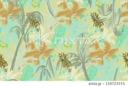 Multicolored modern beach print. Seamless pattern with hand-drawn fruits and palm trees. Multicolored modern beach print. Seamless pattern with hand-drawn fruits and palm trees. 138723555
