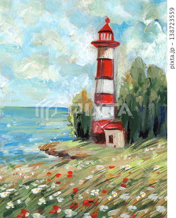 Illustration with a seascape and a lighthouse, acrylic, oil, or gouache painting 138723559