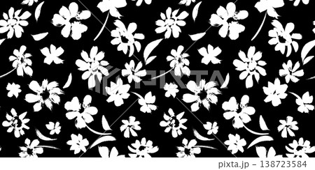 Floral background with daisies. Summer botanical seamless pattern with blooming flower silhouettes. Floral background with daisies. Summer botanical seamless pattern with blooming flower silhouettes. 138723584
