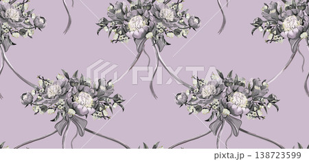 Seamless pattern with peonies in the style of a feminine 90s doll in shades of pink with peonies and bows, ribbons Seamless pattern with peonies in the style of a feminine 90s doll in shades of pink with peonies and bows, ribbons 138723599