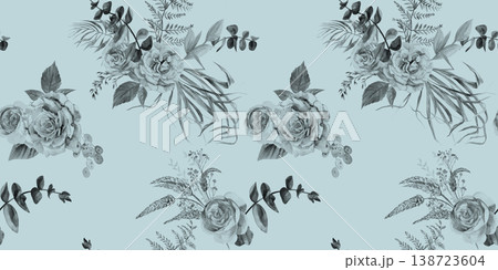 Seamless monochrome watercolor pattern with delicate roses and dried herbs for textiles and wallpaper Seamless monochrome watercolor pattern with delicate roses and dried herbs for textiles and wallpaper 138723604