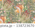 Seamless pattern with herbs and palm leaves and pampas grass 138723670