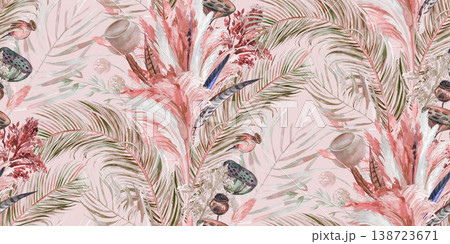 Seamless pattern with dry tropical palm leaves and pampas grass painted in watercolor Seamless pattern with dry tropical palm leaves and pampas grass painted in watercolor 138723671