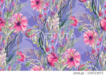 Seamless watercolor botanical pattern with red poppy flowers  138723675