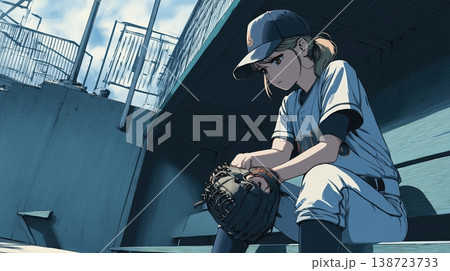 ベンチで気持ちを整える女性野球選手の静かな時間 ベンチで気持ちを整える女性野球選手の静かな時間 138723733