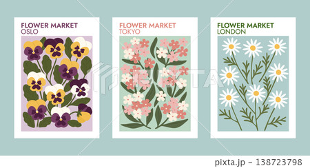 Scandinavian inspired flower market city poster bundle. Floral market poster collection with international city themes. Scandinavian inspired flower market city poster bundle. Floral market poster collection with international city themes. 138723798