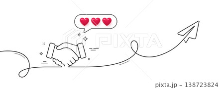Handshake line icon. Continuous line with share plane. Hand gesture sign. Business deal palm symbol. Hearts rate review in speech bubble. Handshake single line ribbon. Loop curve pattern. Vector Handshake line icon. Continuous line with share plane. Hand gesture sign. Business deal palm symbol. Hearts rate review in speech bubble. Handshake single line ribbon. Loop curve pattern. Vector 138723824