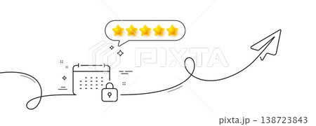 Calendar locked line icon. Continuous line with share plane. Annual planner sign. Event schedule symbol. Five star rate review in speech bubble. Calendar single line ribbon. Loop curve pattern. Vector 138723843