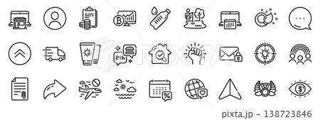 Swipe up, Business vision and Paint brush line icons pack. Share, Message, Paper plane icons. Cancel flight, Inspect, Sunscreen web icon. Truck delivery, World brand, Headshot pictogram. Vector Swipe up, Business vision and Paint brush line icons pack. Share, Message, Paper plane icons. Cancel flight, Inspect, Sunscreen web icon. Truck delivery, World brand, Headshot pictogram. Vector 138723846