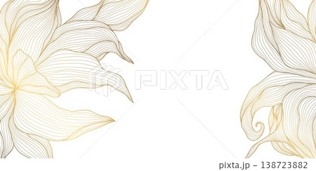 Luxury gold floral pattern on white background, elegant line flowers, decorative leaves frame, border. Vintage vector illustration, Chinese and Japanese motif, botanical style, wedding invitation Luxury gold floral pattern on white background, elegant line flowers, decorative leaves frame, border. Vintage vector illustration, Chinese and Japanese motif, botanical style, wedding invitation 138723882