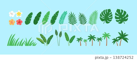 Tropical Summer Leaves and Flowers Vector Illustration Set - Monstera, Palm, Hibiscus, and Plumeria Tropical Summer Leaves and Flowers Vector Illustration Set - Monstera, Palm, Hibiscus, and Plumeria 138724252