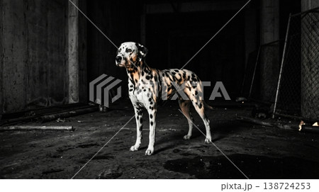 Black and white spotted Dalmatian dog in stark industrial setting, high contrast, low light. Black and white spotted Dalmatian dog in stark industrial setting, high contrast, low light. 138724253