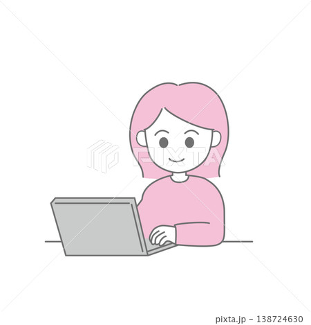 ノートパソコンで作業する女性 シンプル線画イラスト 138724630